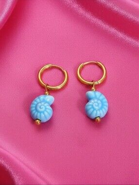 Blue Shell Charm Gold Hoop Earrings